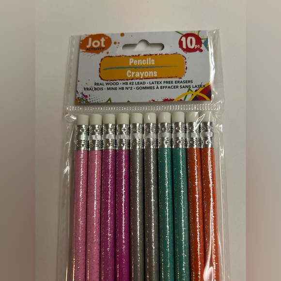 New 10 Jot Glitter Pencils Pink Purple Green Orange Erasers made in Vietnam - Picture 4 of 9